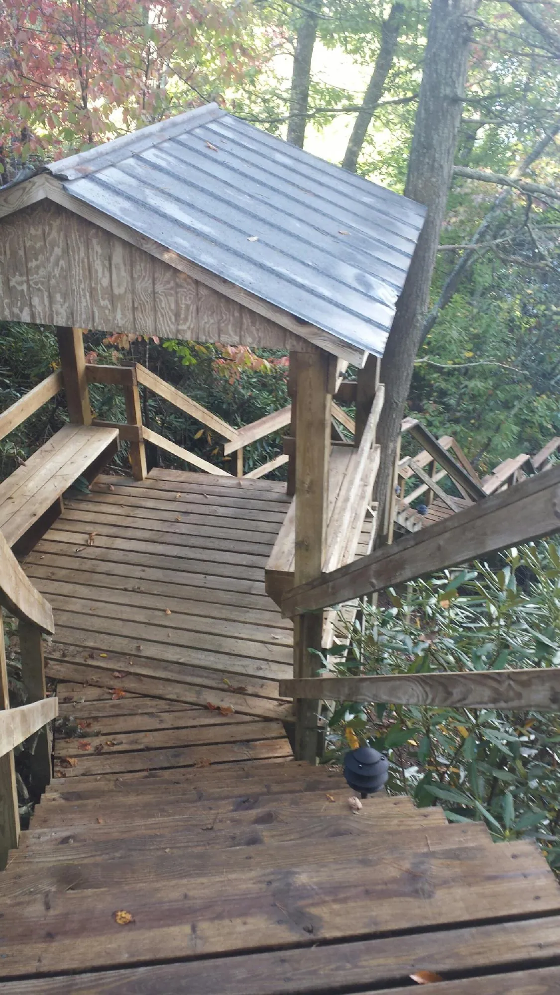 Metal roofed shelter over wooden steps on a wooded walkway — Skylight Repair & Installation work by our crew in Winfred